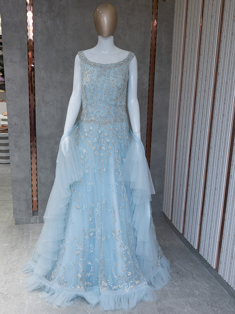 Sky Blue Metallic Foil Work Net Party Wear Gown | Party wear gown, Gowns,  Party wear long gowns